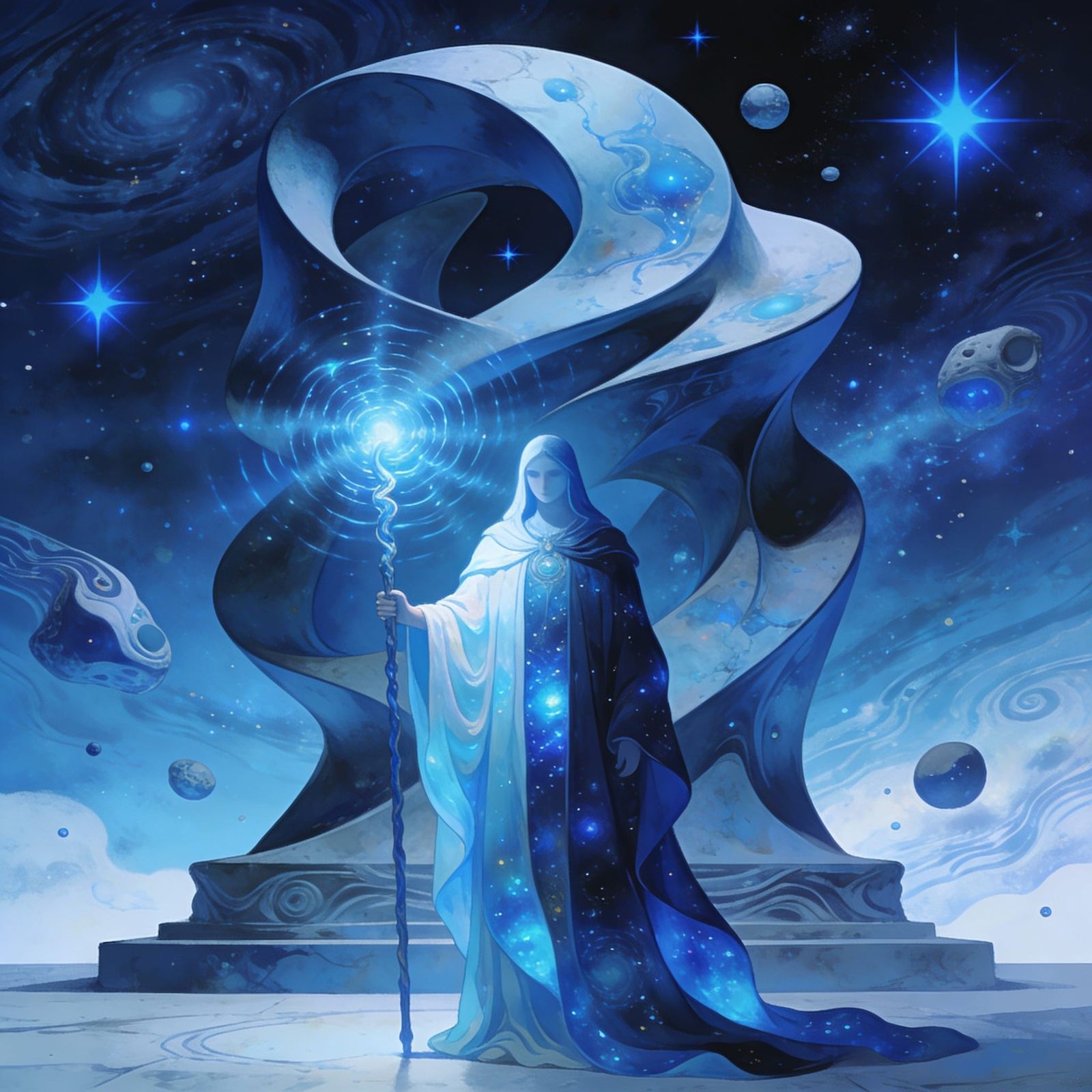 Surreal Blue Cosmic Figure and Abstract Sculpture