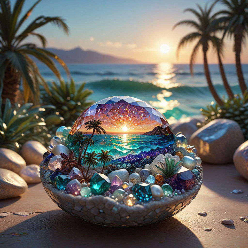 Serene Gemstone Landscape in Vibrant, Iridescent Colors