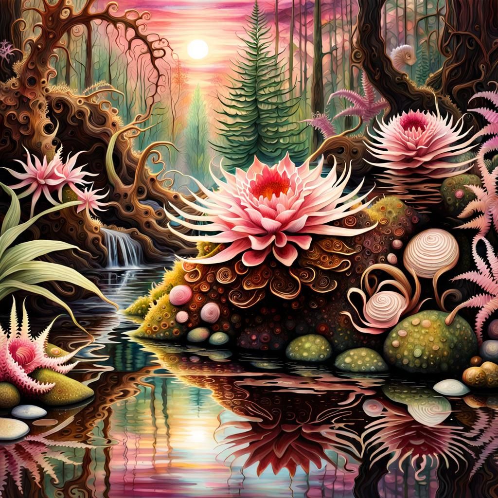 Surreal Watercolor: Porcupine Family in Fantasy Forest