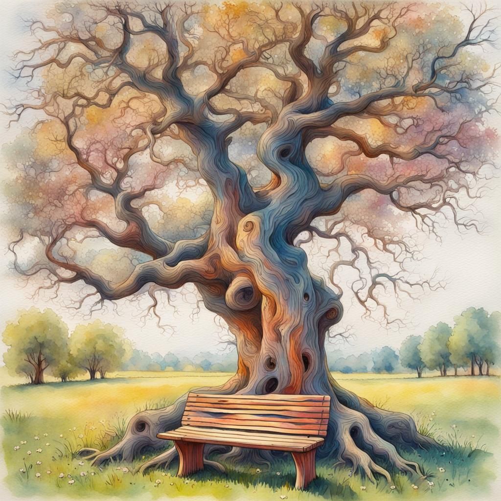 Gnarled Tree and Bench in Gouache Watercolor