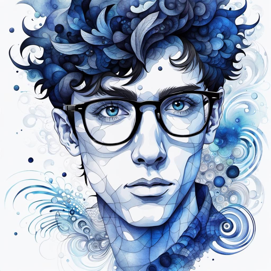 Watercolor Teenage Boy with Glasses in Ink Art