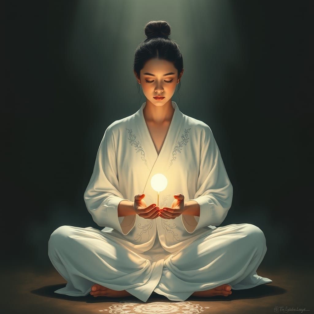 Meditative Woman Protecting Seed, Zen Digital Art