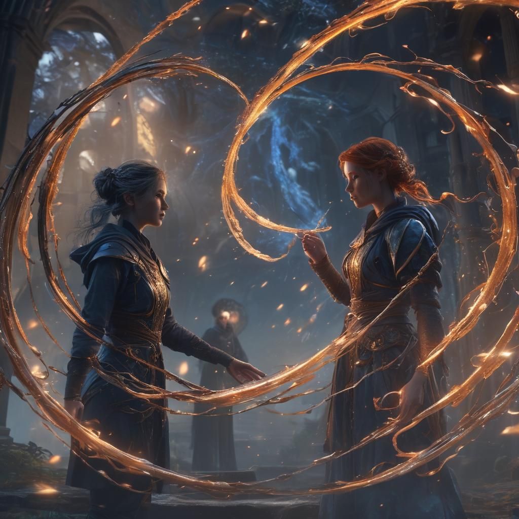 Magical Duel with Swirling Iridescent Energy