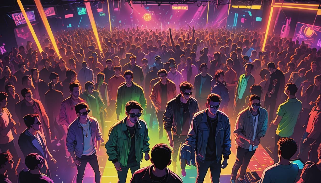 Neon-Lit Nightclub Concept Art with DJs and Pulsating Lights