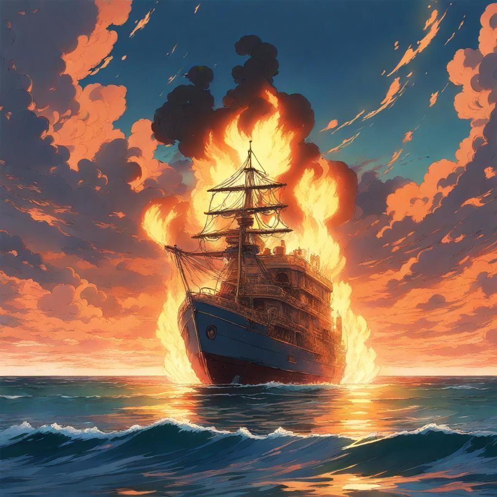 Ghostly Figure Over Fiery Sea: Anime Key Visual