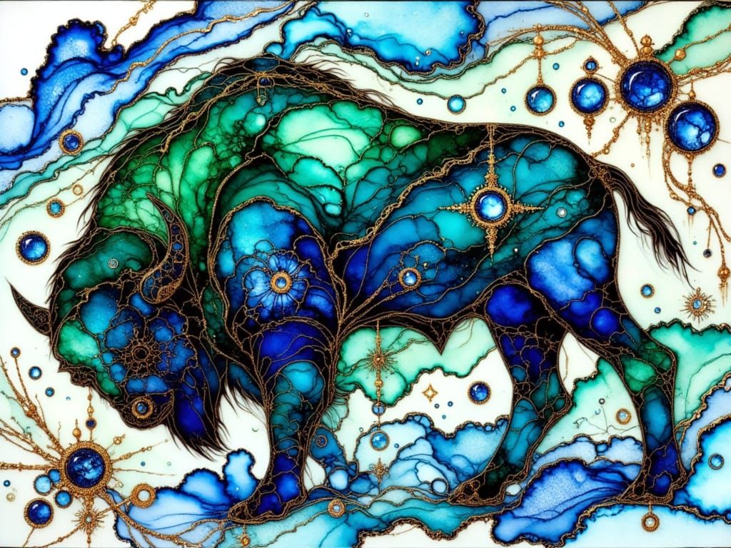 Bison in Blue Alcohol Ink Glasswork with Gold Edging