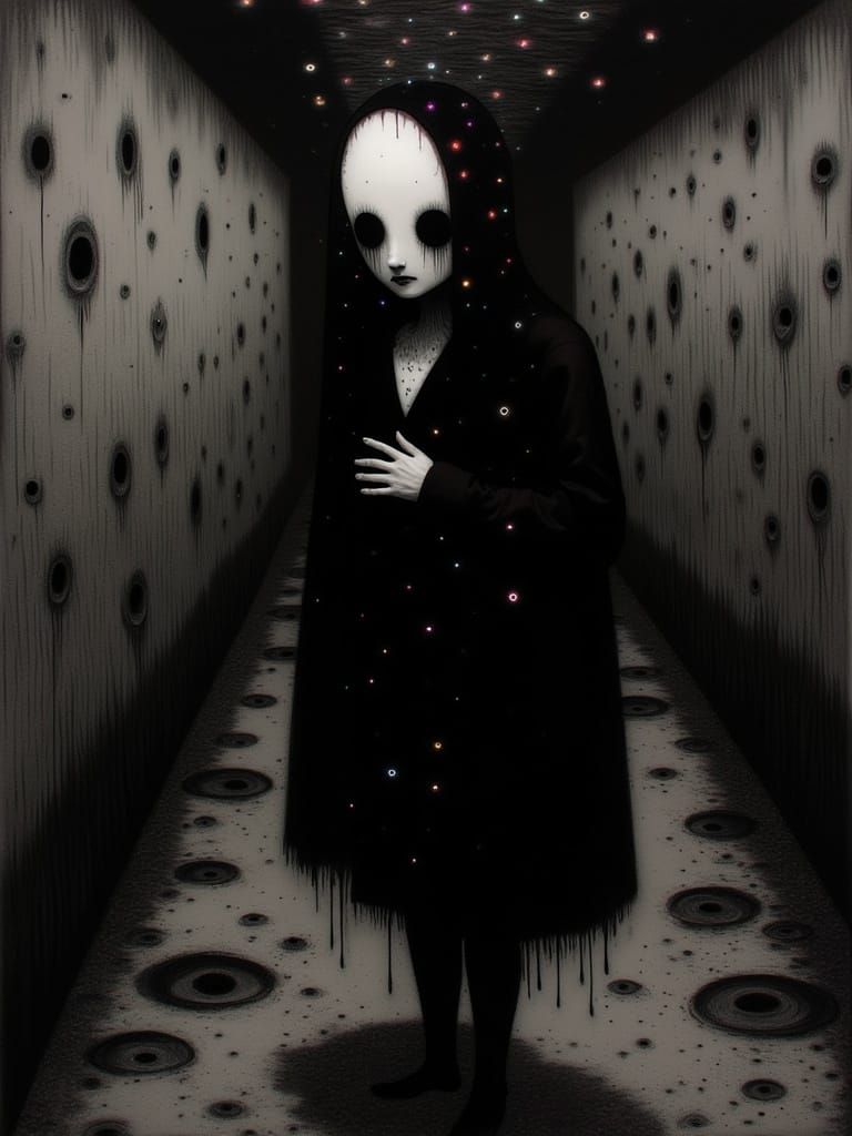 Ethereal Gothic Figure in Endless Hallway