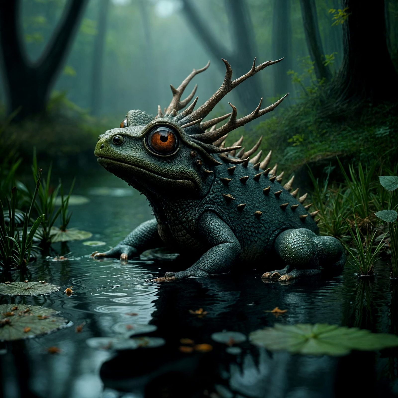 Dragon-Frog-Porcupine Hybrid in Eerie Pond: Hyperrealistic A...