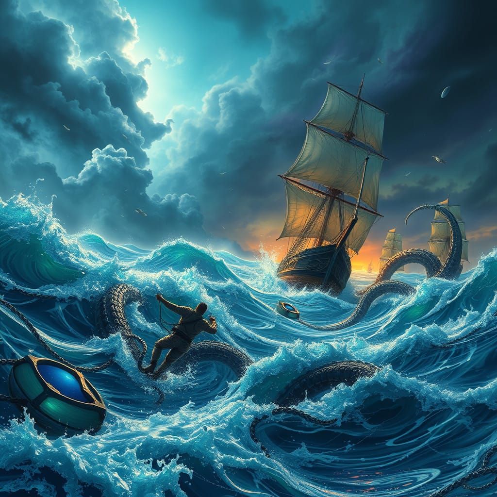 Sailor Battles Kraken in Turbulent Ocean Turquoise