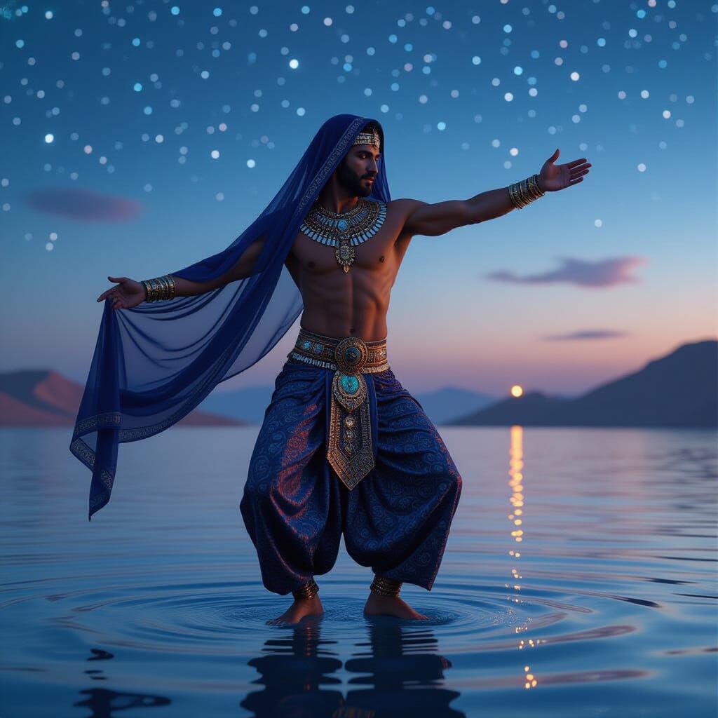 Arabian Dancer on Water Floor Under Stars