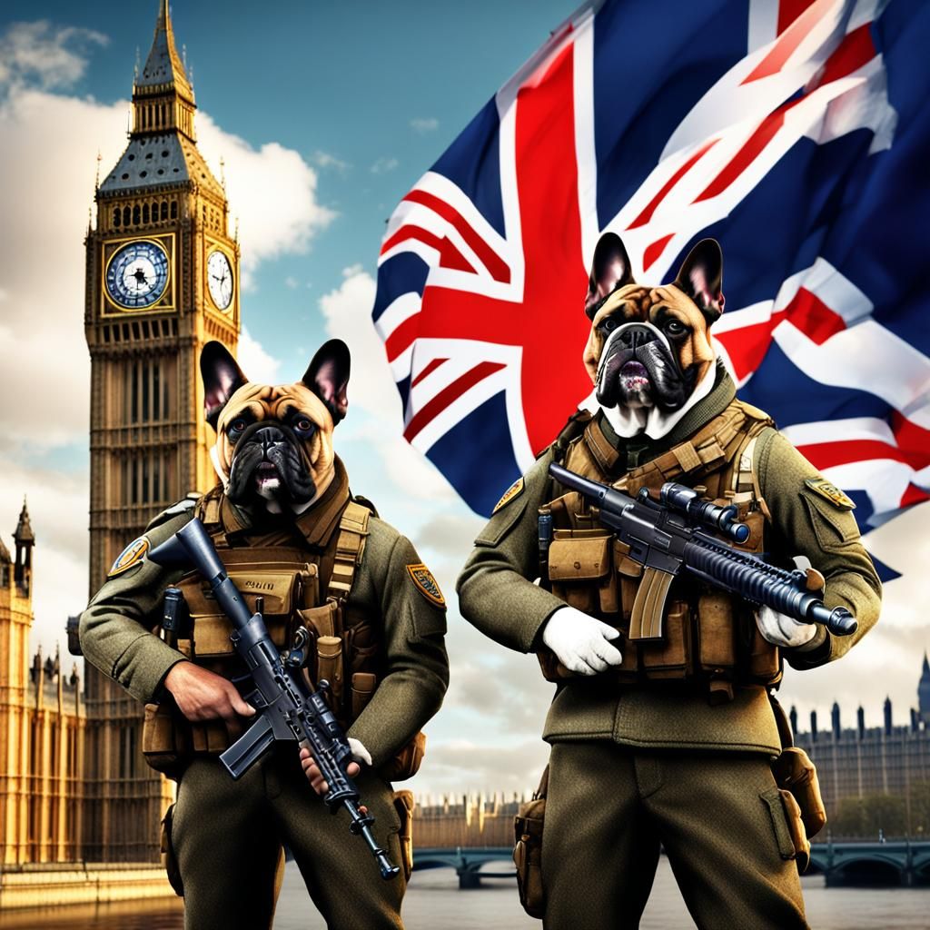 Bulldogs in Uniforms Guarding Parliament: Matte Painting