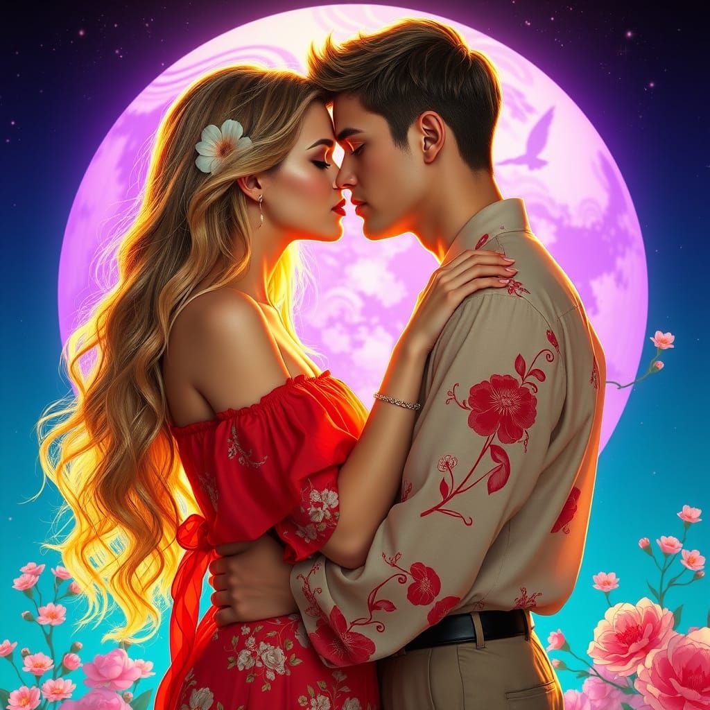 Passionate Embrace Before a Gradient Moon