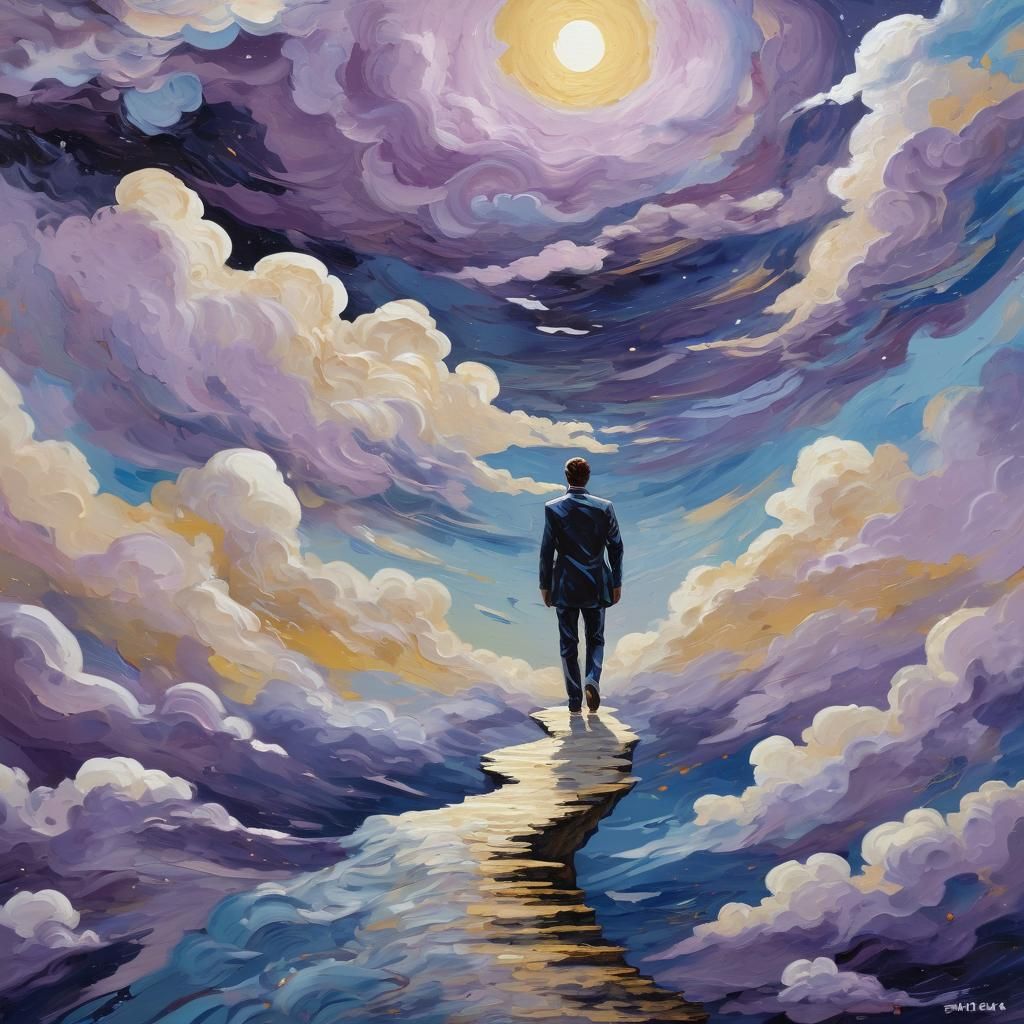 Figure Stepping into Infinite Void: Gouache Impressionism