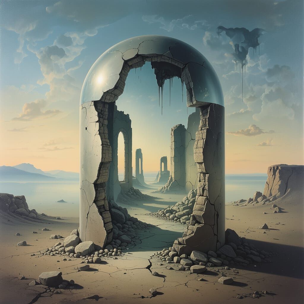 Surreal Ruins in Time Capsule, Melting Oil Painting Style