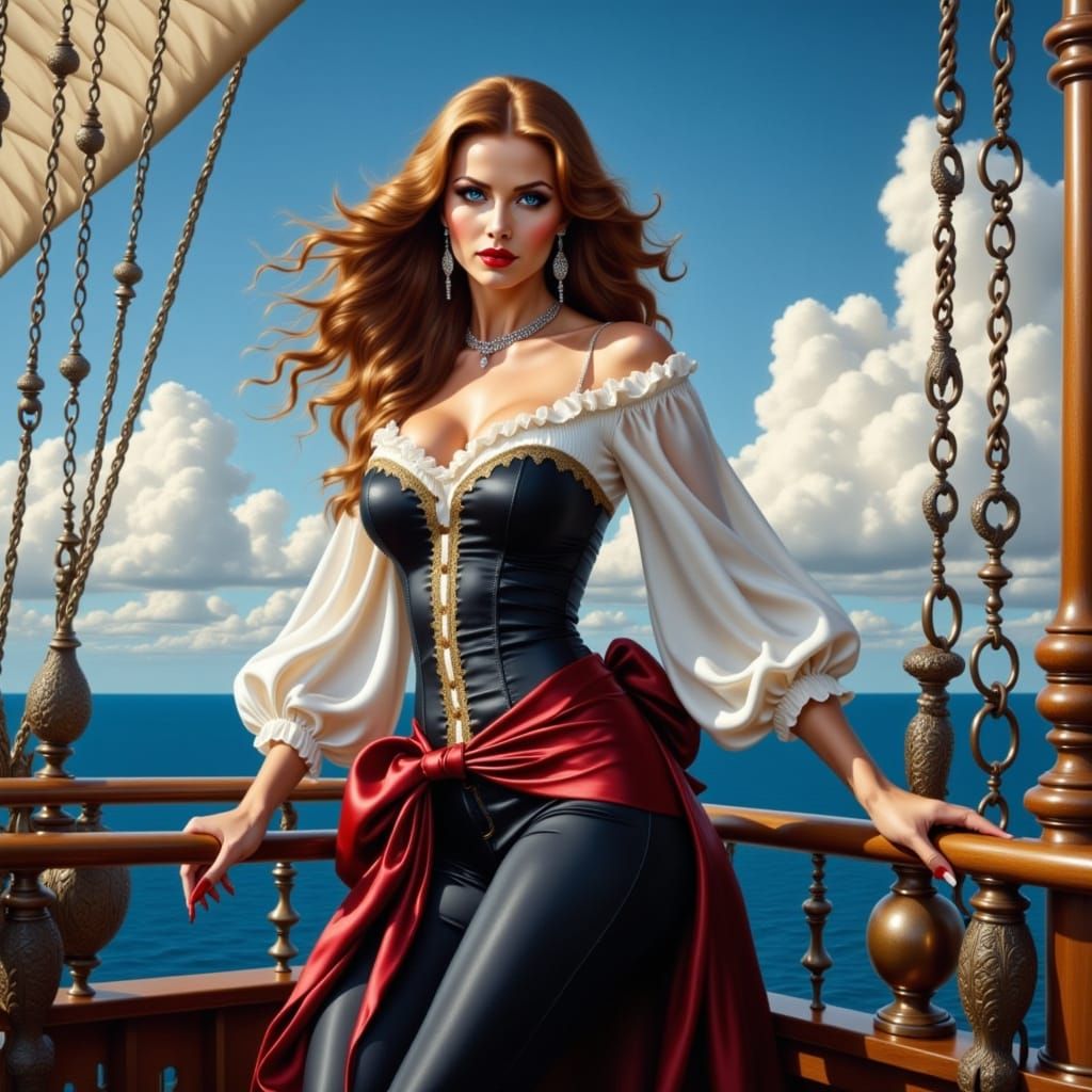 Beautiful Pirate on Deck as Oil Painting