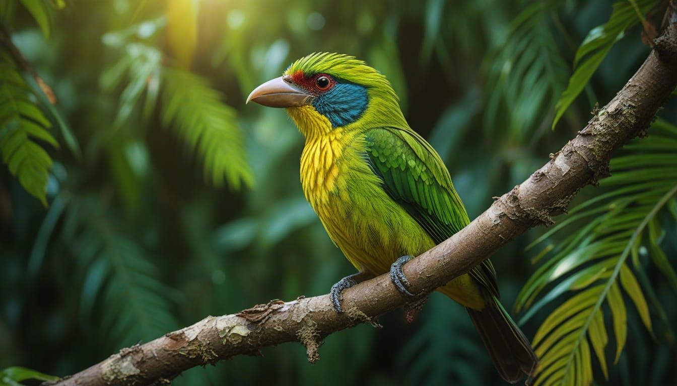 Hyperrealistic Yellow-Fronted Barbet in Jungle Splash Art