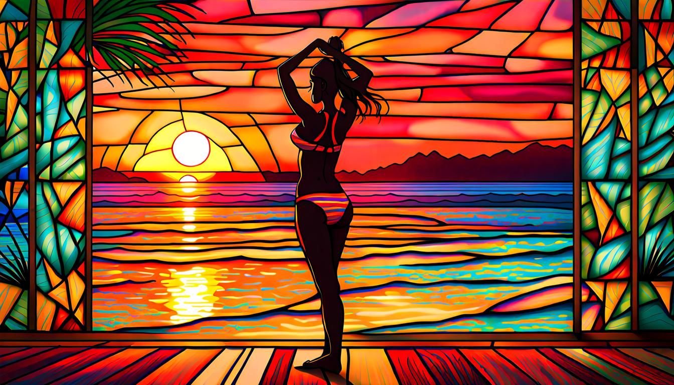 Tropical Sunset Stained Glass Woman Silhouette