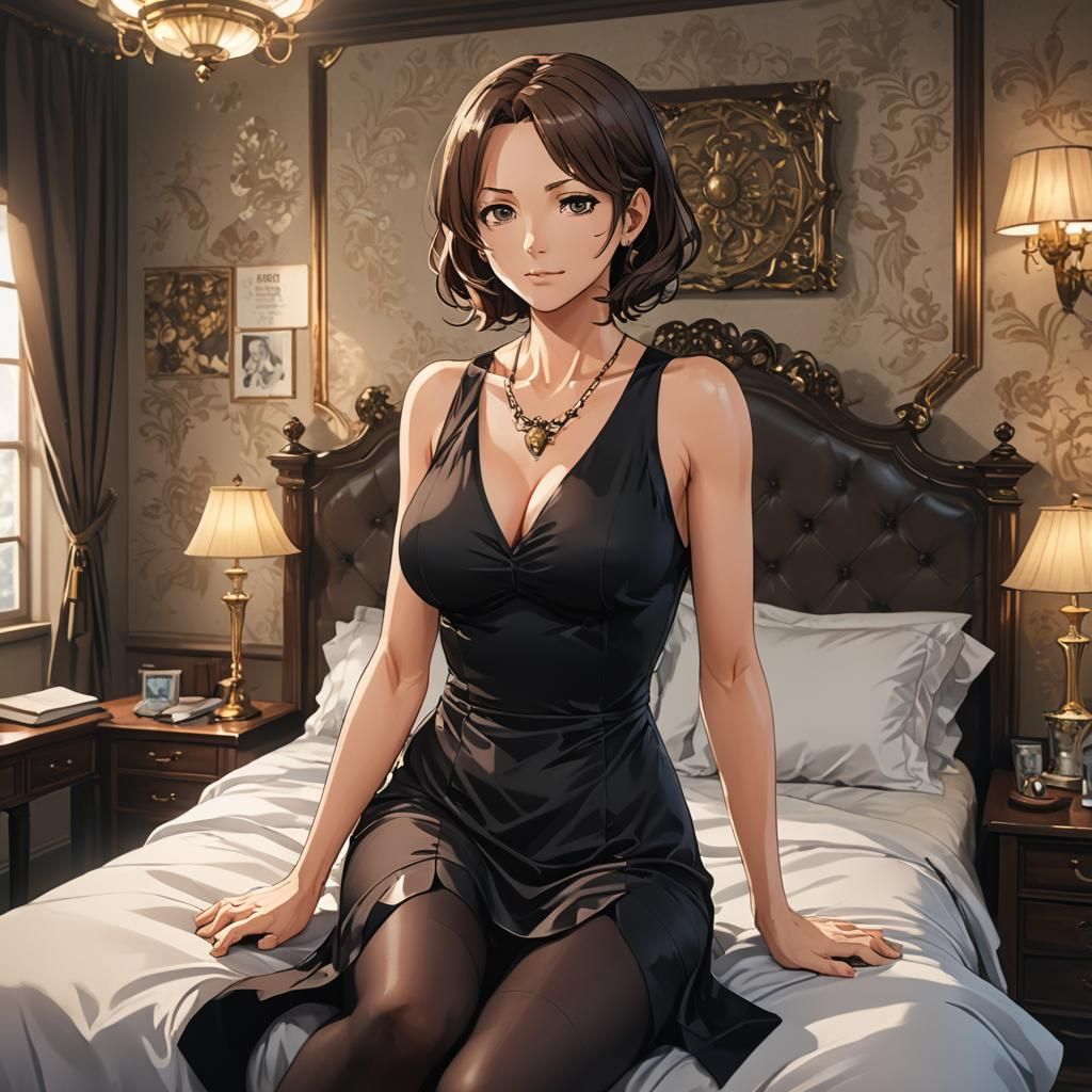 Glamorous Professor in Bedroom: Cel-Shaded Anime Art