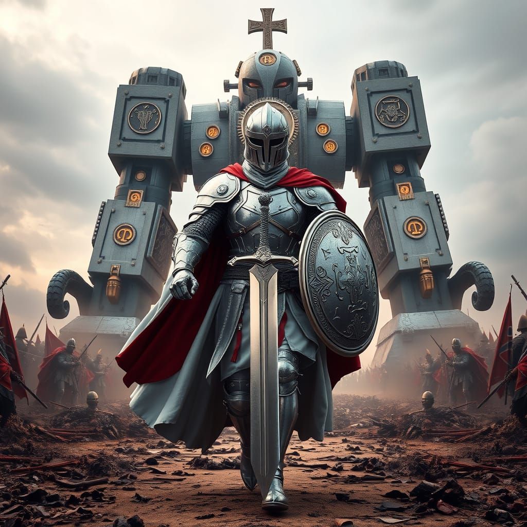 Gleaming Paladin Charges Forward Across Ancient Battlefield