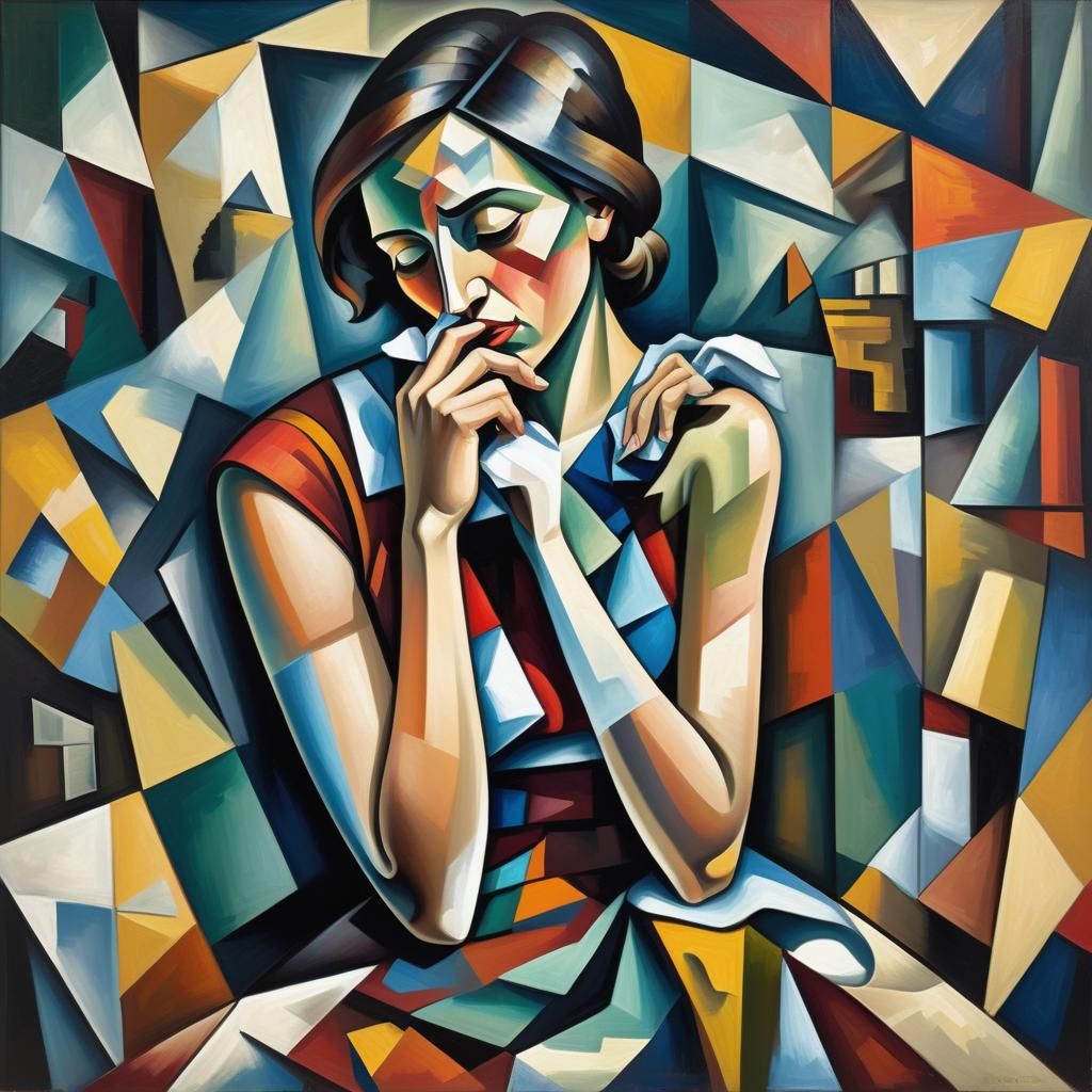 Woman with Tissue: Cubist Oil Painting in Geometric Room