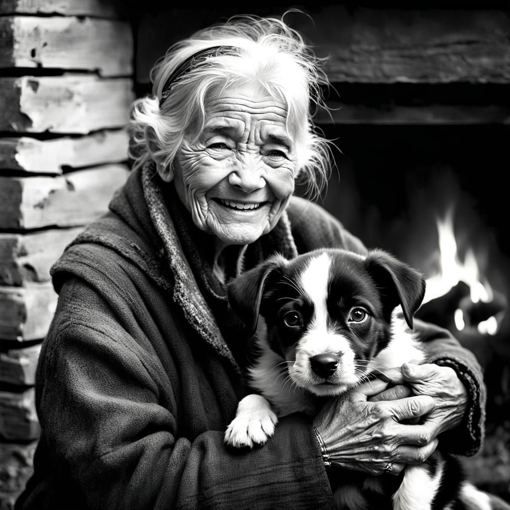 Black and White Portrait of Woman with Puppy