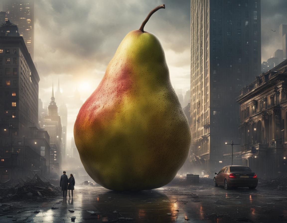 Giant Pear Dominates Cityscape as Digital Painting