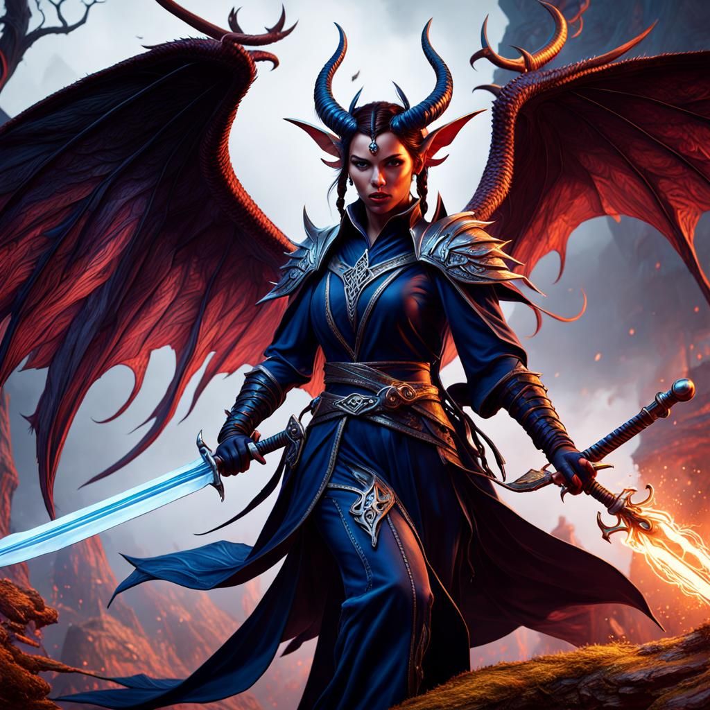 Winged Tiefling Sorceress with Longsword, Fantasy Art