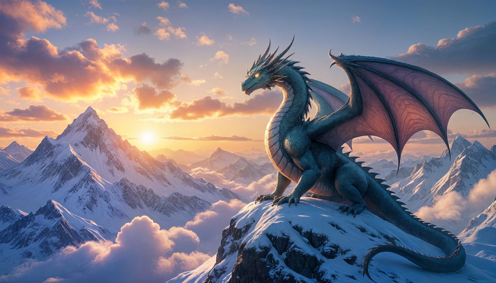 Majestic Dragon Surveys Kingdom from Mountain Peak