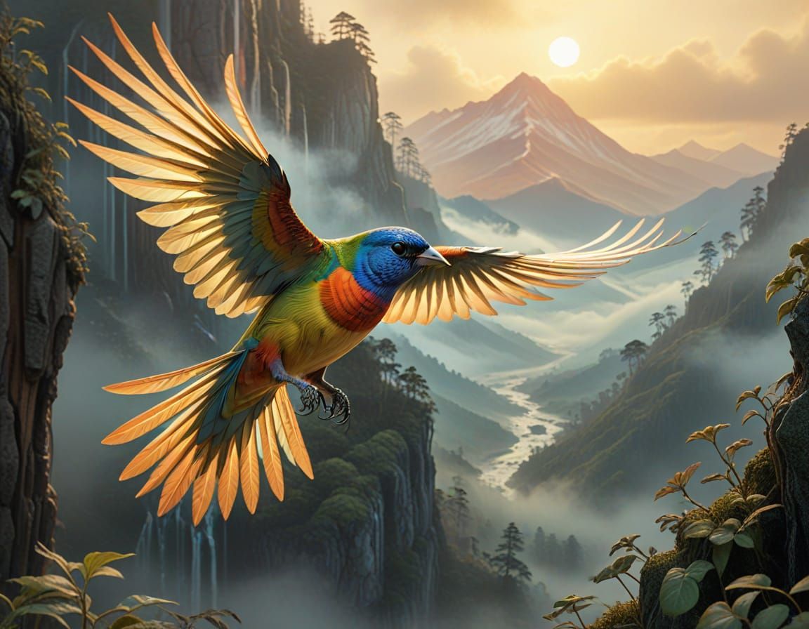 Painted Bunting Soaring Over Misty Mountains