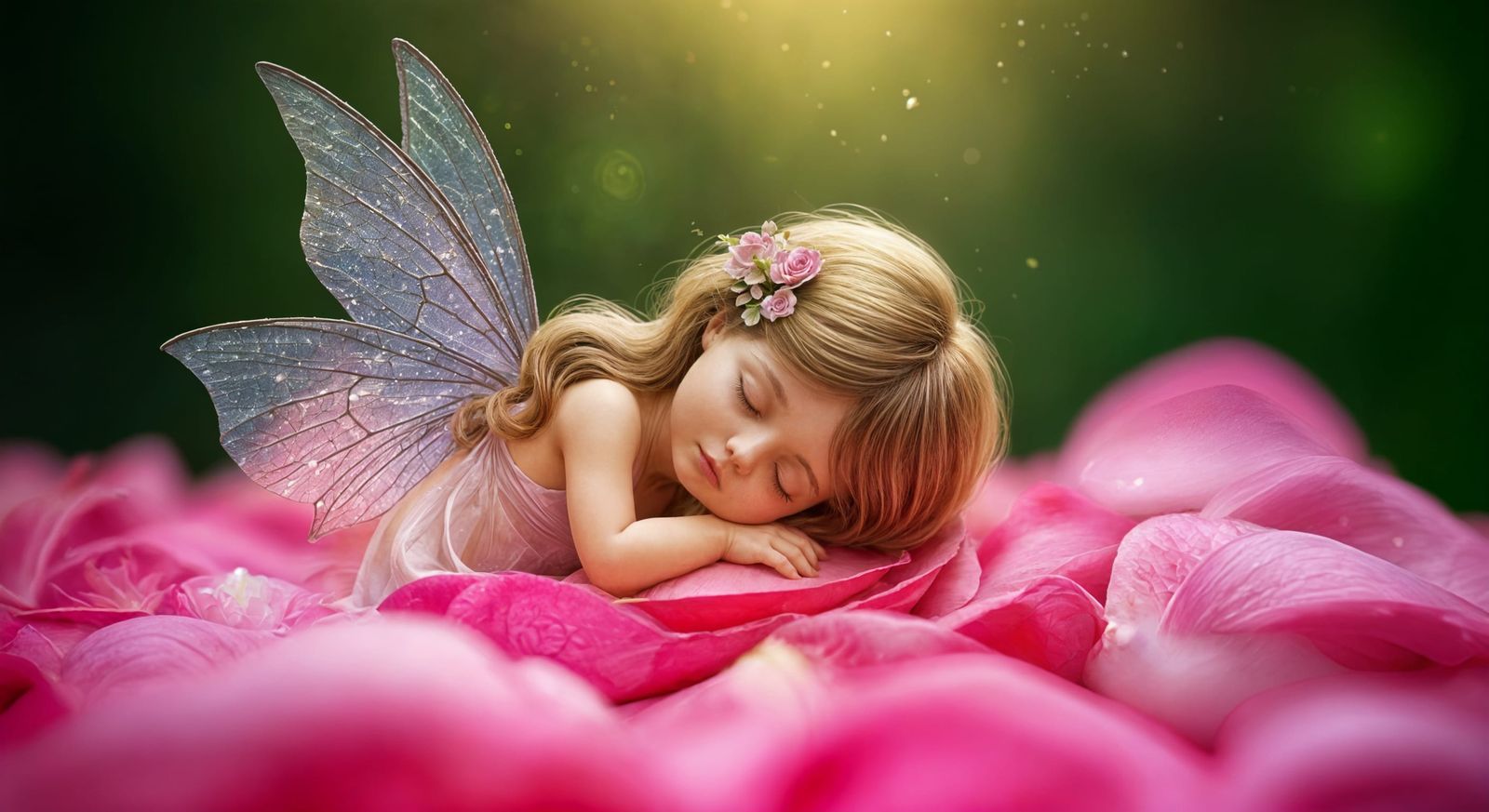 Fantasy photo of a tiny fairy, with gossamer wings, delicate...