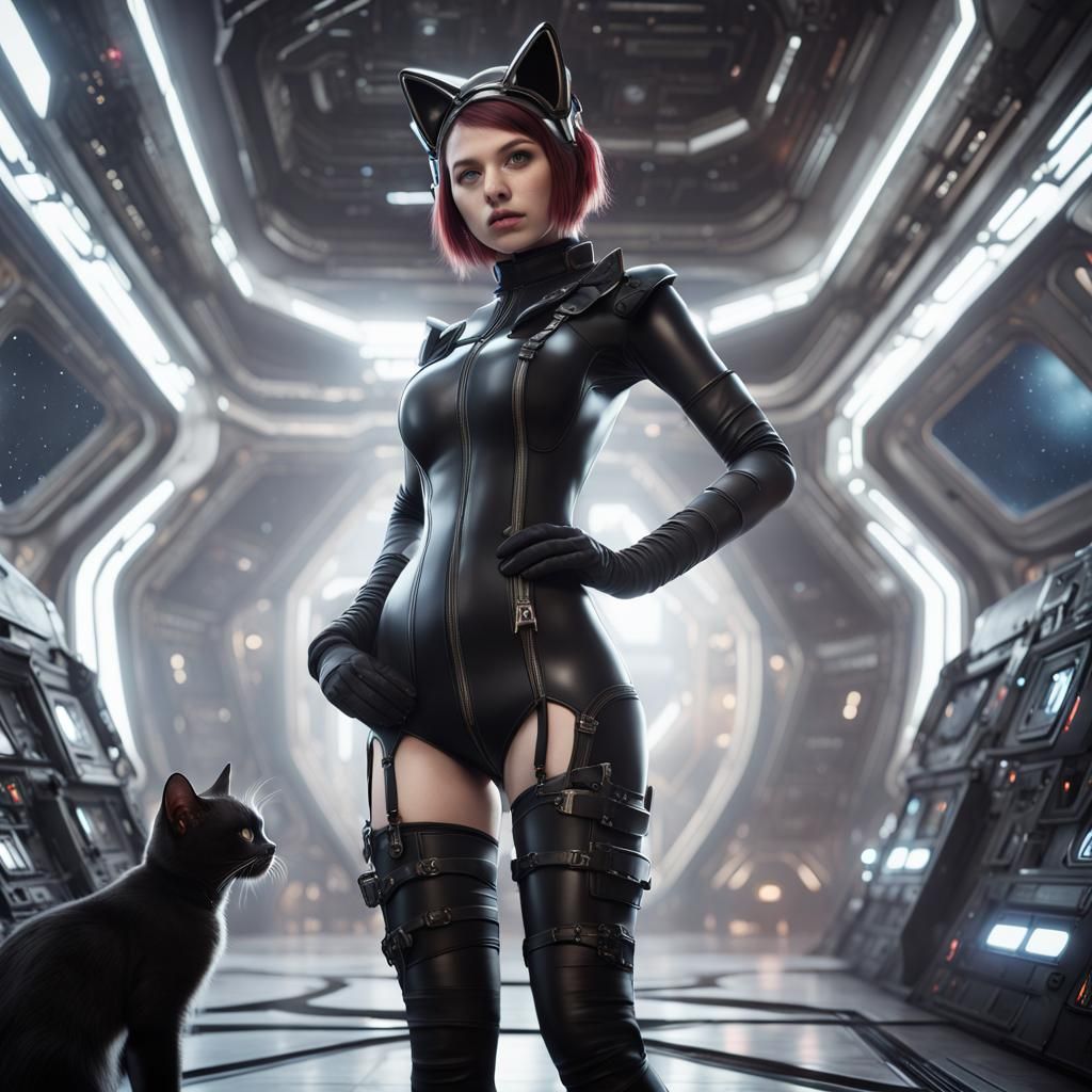 Girl with Cat Ears in Space Station Art