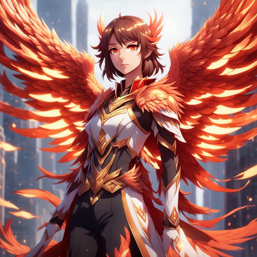 Anime Phoenix Girl with Fiery Wings