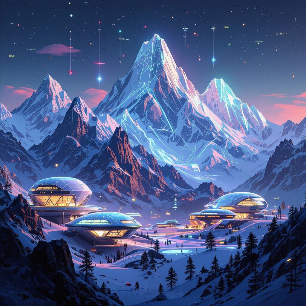 Alien Mountain Range with Futuristic 3D-Printed Habitats