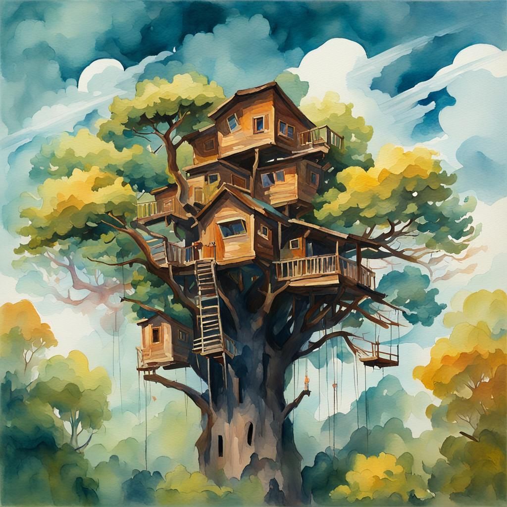 Gravity-Defying Treehouses in Gouache Watercolor Style