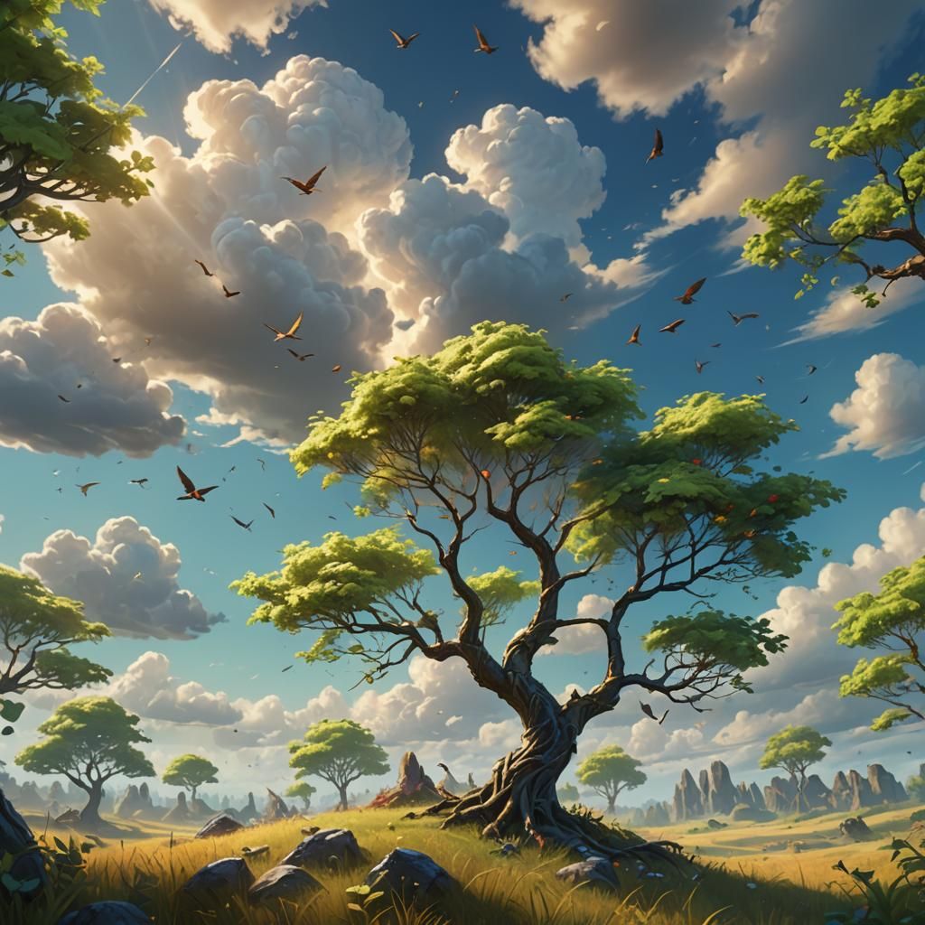 Fantasy Sapling in Field: Detailed Matte Painting