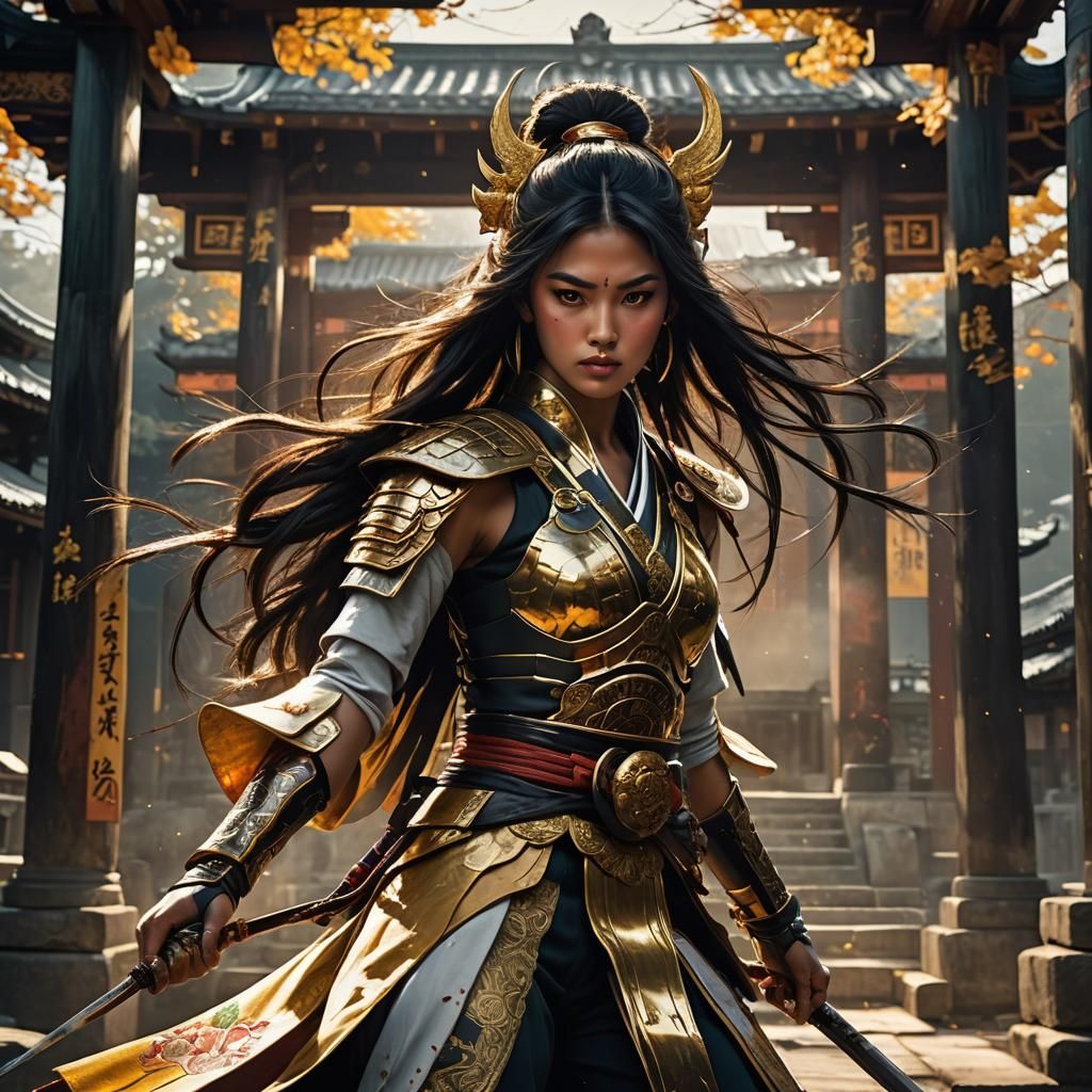 Beautiful asian warrior woman with golden eyes and black hair, Japanese temple, Eiza Gonzalez, Abstract Fashion, Stunnin...