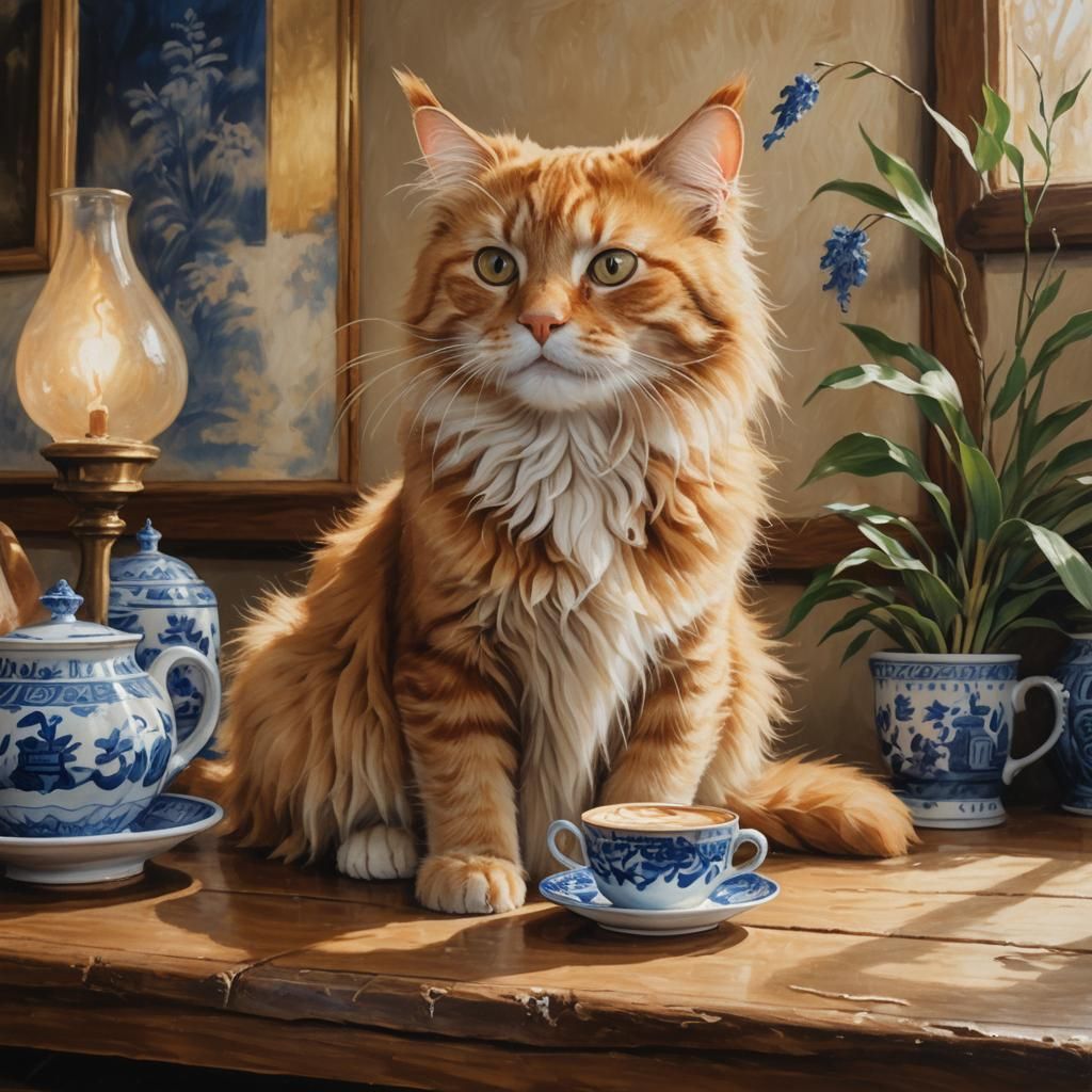 Ginger Cat Sipping Latte, Oil Painting