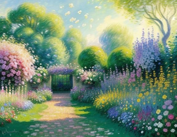 Impressionist Garden with Flowers and Bees