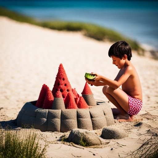 Boy Builds Watermelon Sandcastle at the Beach