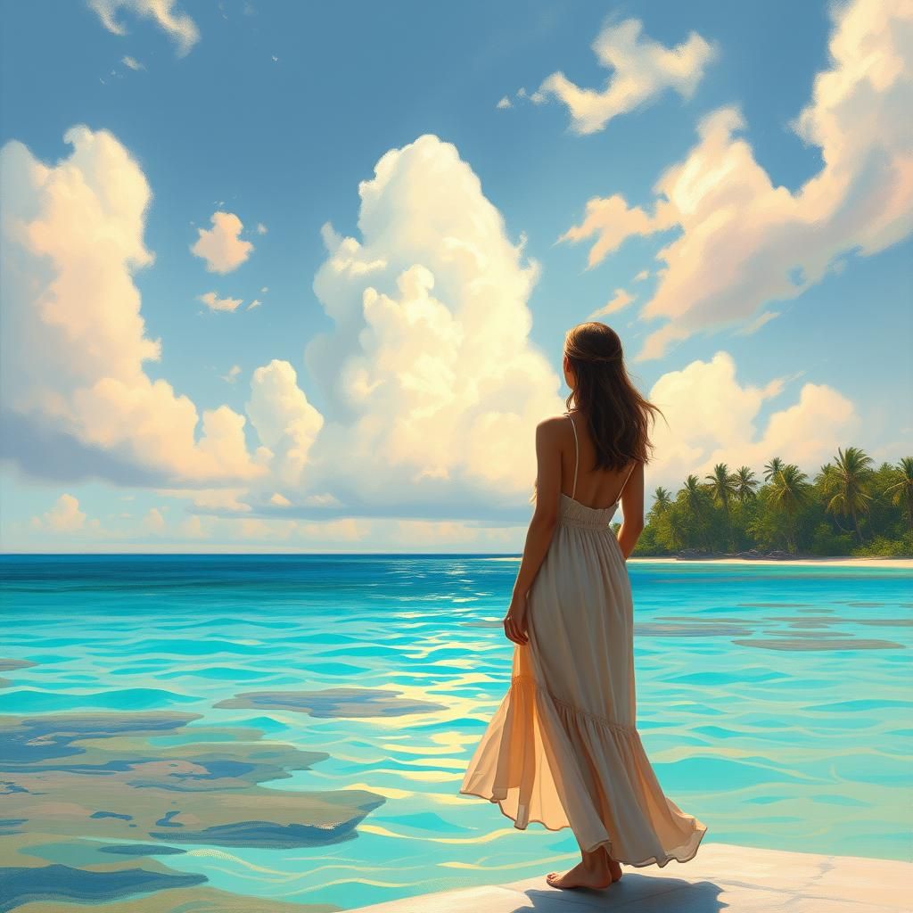 Woman Gazing at Paradise Lagoon in Impressionistic Style