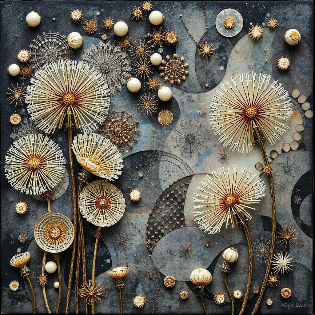 Abstract Iridescent Dandelions in Watercolor Style