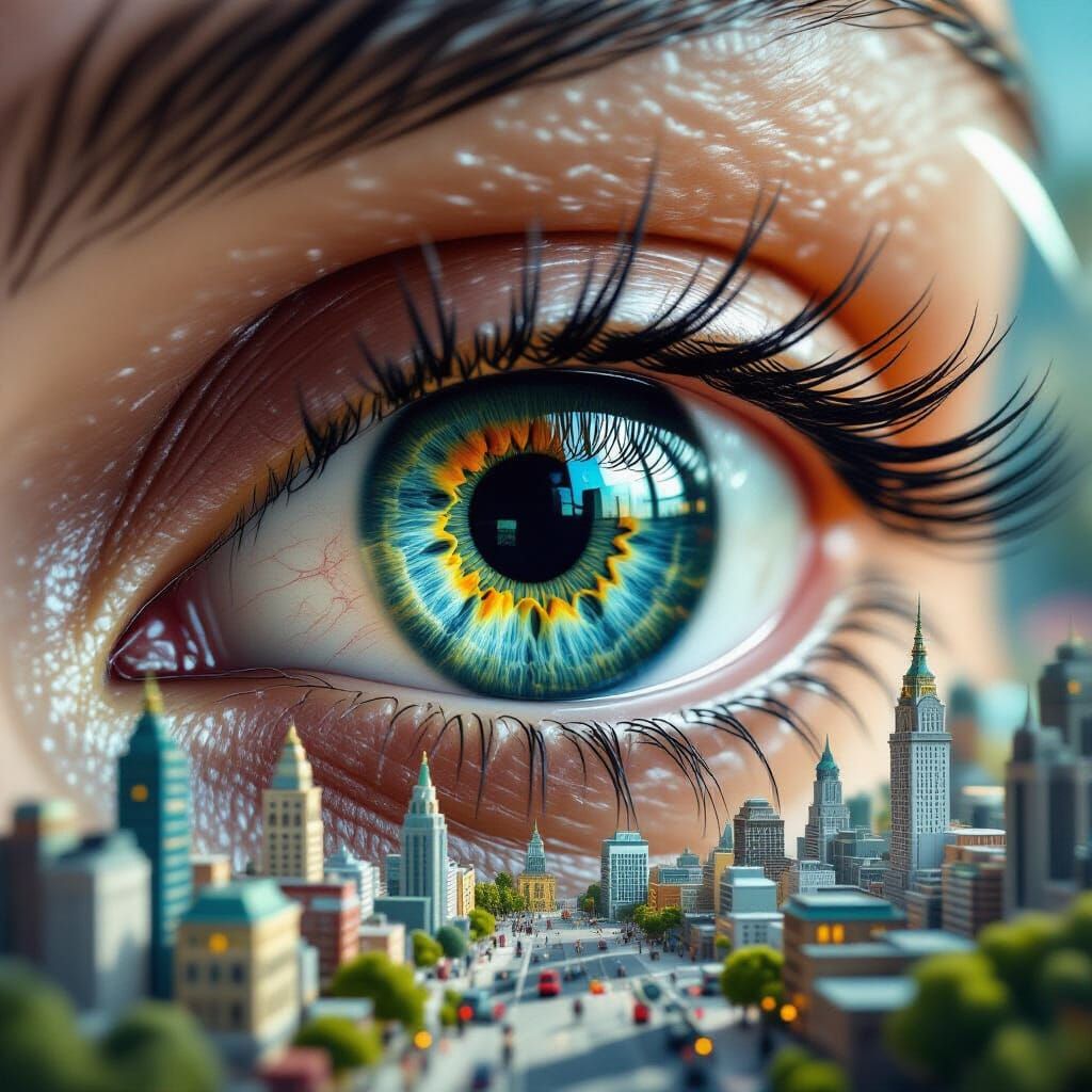 Giantess and Microcity in Hyperrealistic Macro Photograph