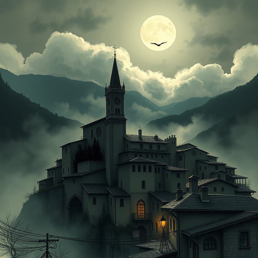 Medieval Italian Town Under Haunting Moonlit Sky
