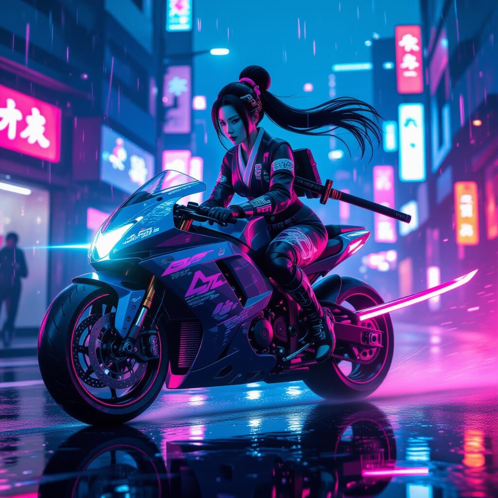 Geisha Ninja Rides Cyberbike in Cyberspace Dreamscape