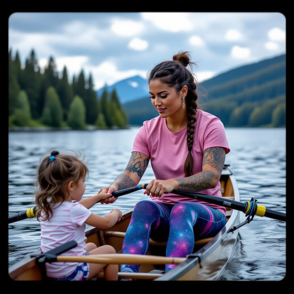 Native American Mother and Daughter Rowing on Eloika Lake
