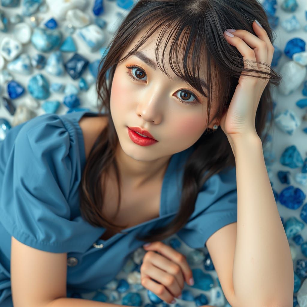 Kawaii Japanese Woman with Blue Crystal Wallpaper