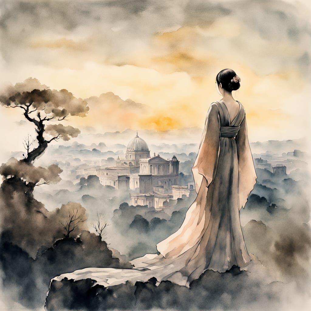 Woman Overlooking Rome in Japanese Ink Painting Style