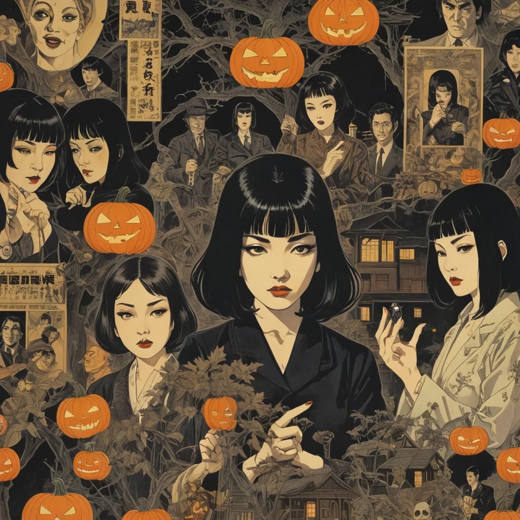 16k resolution, art by Goyo Hashiguchi and Takabatake Kasho. Taisho-era Halloween lesbian pulp fiction collage cover. Vi...