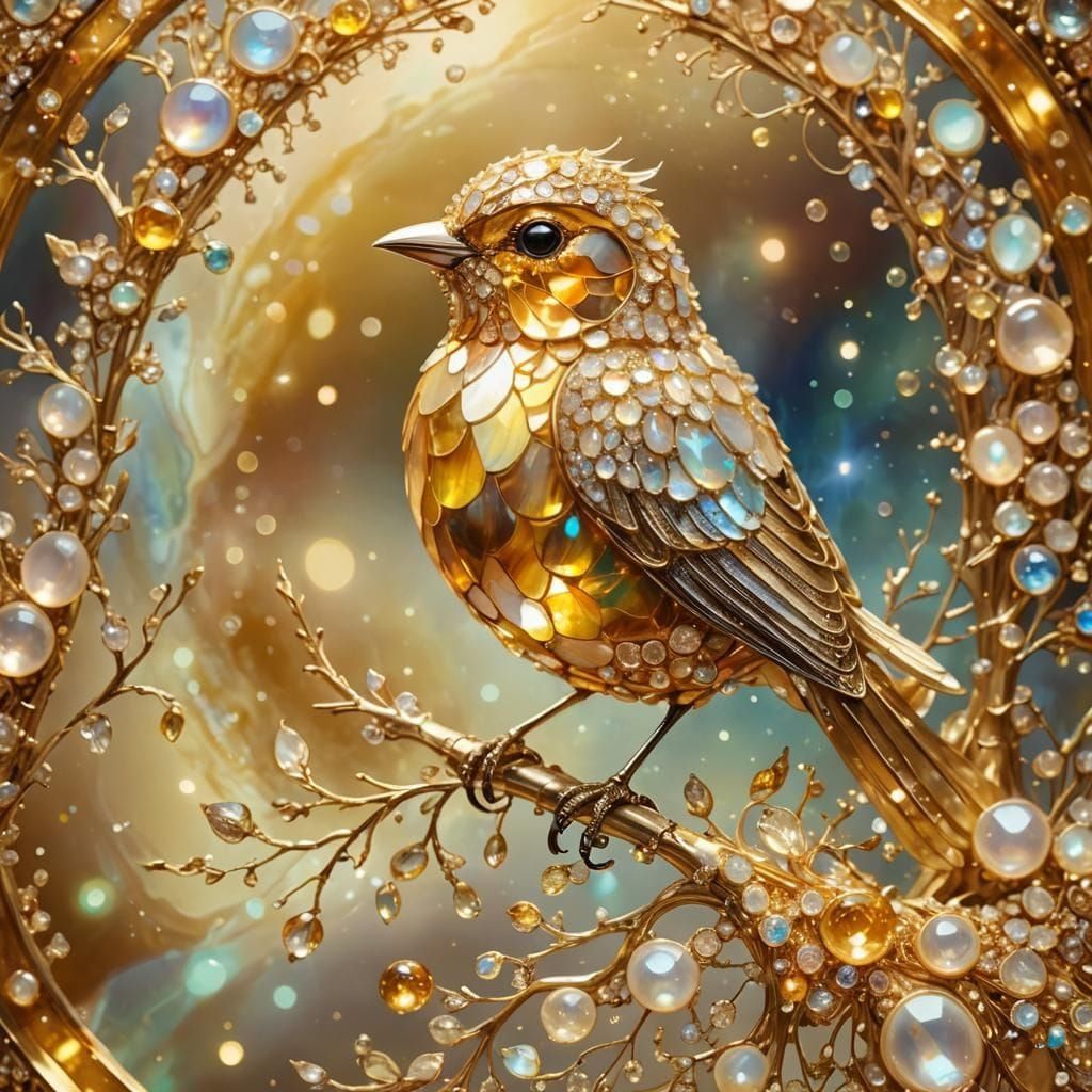 Golden Crystal Bird in Opal and Amber Hues