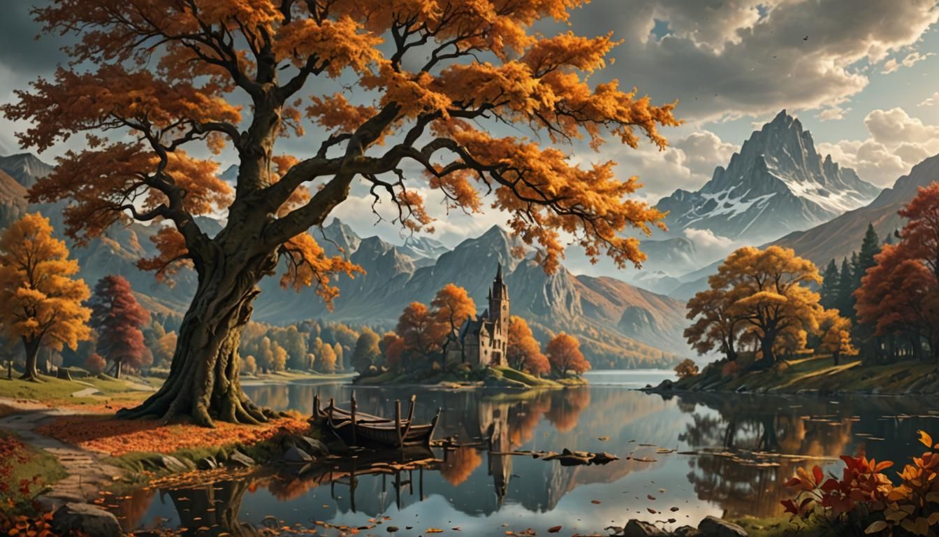 Autumn Tree by Lake: A 16th Century Digital Painting